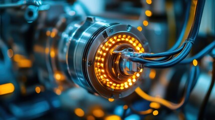 Fototapeta premium Illuminated with orange lights, a modern automated industrial production line conveyor system highlights advanced manufacturing processes and technological innovation