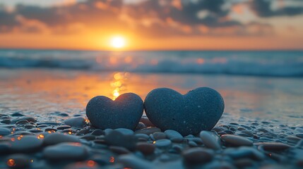 Fototapeta premium Sunset Beach Love Romantic Stone Hearts on Pebbles