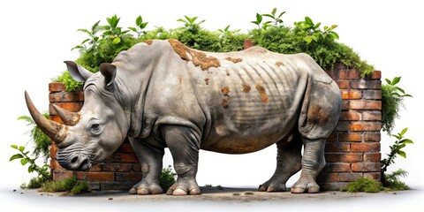 Fototapeta premium Surreal cityscape: a lone white rhino, endangered beauty amidst urban decay, isolated yet powerful.