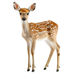 Naklejka premium A spotted fawn standing against a sunlit forest backdrop, soft sunlight filtering through the trees on transparent png background