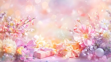 A festive Mothers Day background with soft feminine colors, spring flowers, and symbolic gifts.