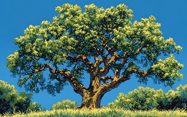 Majestic oak tree in sunny meadow