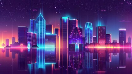Naklejka premium Futuristic city skyline with neon lights reflecting on water, creating a vibrant, digital atmosphere.