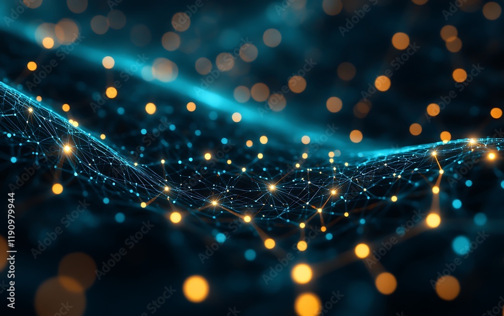 Poster abstract blue digital wave with glowing particles, data flow visualization