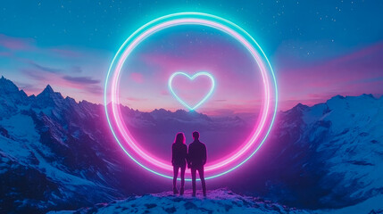 Romantic Couple Silhouetted Against a Neon Heart and Mountain Range