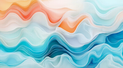 Abstract Layered Waves in Teal, White, and Orange Hues: A Serene Digital Art Piece