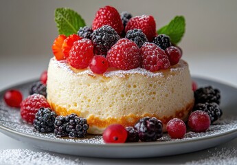 A Delicious Cheesecake Topped with Fresh Berries and Mint Leaves on a Plate, Perfect for Dessert Lovers and Culinary Enthusiasts Seeking Visual Inspiration
