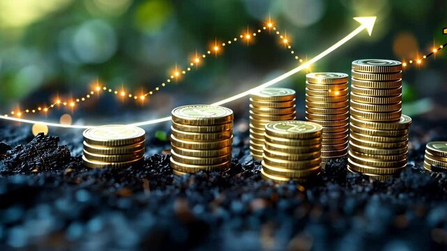 Growth in finances with stacked coins and an upward trend highlighted by sparkles during a sunny outdoor setting