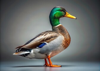 Obraz premium Realistic Mallard Duck Full Body, Wildlife Nature Photography, Neutral Background, Drone View