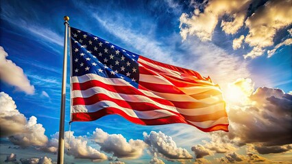 Vibrant American flag against a boundless blue sky, a patriotic symbol of freedom and national pride.