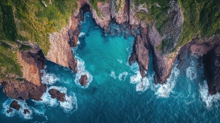 Breathtaking Aerial View of Turquoise Ocean Waves Crashing Against Rugged Cliffs Under Bright Blue Sky Creating a Dramatic Coastal Landscape Scene