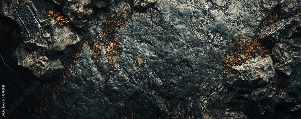 Poster dark rock face showing moss and texture creating dramatic background