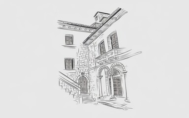 Fototapeta premium Sketch of an Old European Stone Building with Stairs