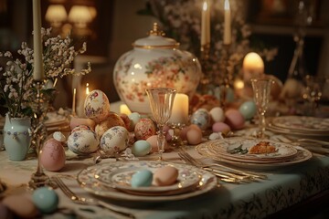 Elegant Easter dinner setup with fine china candles