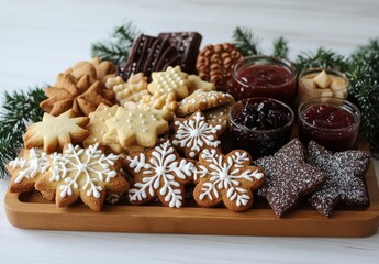 Fototapeta premium A Festive Arrangement of Colorful Holiday Cookies and Jams on a Wooden Tray Surrounded by Evergreen Branches, Perfect for Winter Celebrations and Gatherings