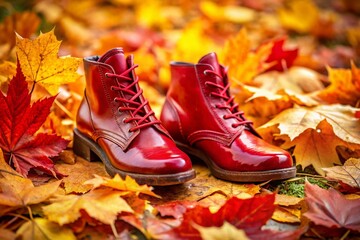 Red Boots in Autumn Leaves: Fashion Photography Stock Image