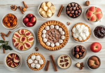 A Festive Arrangement of Delicious Desserts Featuring Pies, Tarts, Fruits, and Whipped Cream on a Rustic Wooden Table for Autumn Celebrations