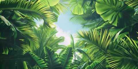 Lush green foliage with a bright sky peeking through, creating a serene natural atmosphere.