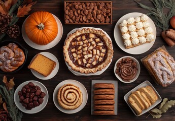 A Festive Autumn Spread Featuring Delicious Desserts, Seasonal Pumpkins, and Mouthwatering Treats Perfect for Thanksgiving Celebrations and Fall Gatherings
