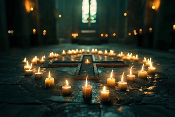 A collection of lit candles carefully arranged in the shape of a cross