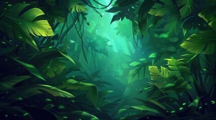 Lush green jungle scene with dense foliage and soft light filtering through.