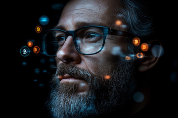 Crypto trader or investor. portarait of a middle-aged man with beard and glasses surrounded by coins logo