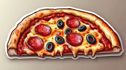 Sticker art illustrates a slice of pizza with pepperoni, olives, and cheese, representing fast food in a cartoon style for animation or creative emblems