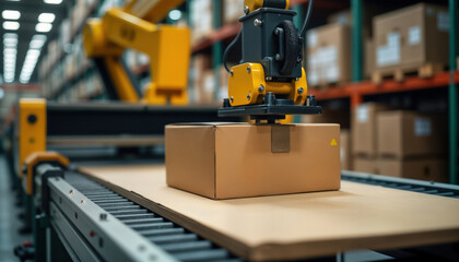 Fototapeta premium Automated machine handles cardboard box in industrial production environment. Yellow robot arm places box on conveyor belt. Automated process in modern factory. Warehouse full of cardboard boxes