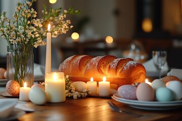 Obraz premium Table set for Easter brunch with candles