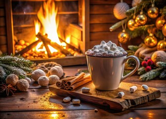 Fototapeta premium Winter warmth: crackling fireplace, steaming hot chocolate, melting marshmallows, cinnamon spice.