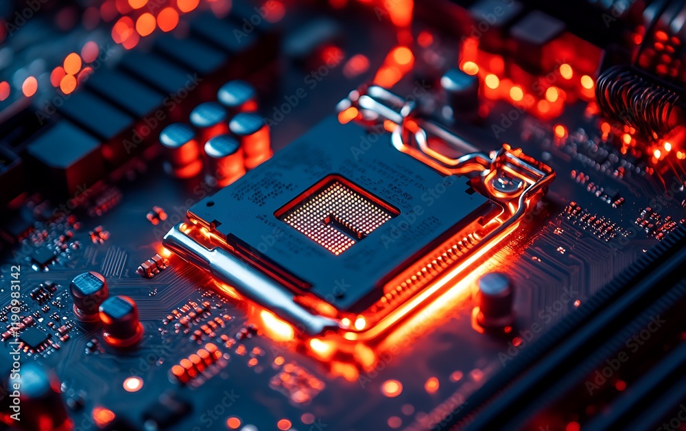Poster Close-up of CPU socket on motherboard with red lights