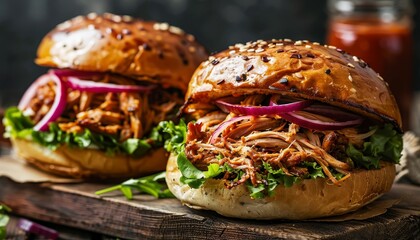 Two juicy pulled pork sandwiches with red onion and lettuce on a wooden board.