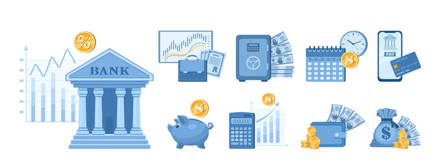 Bank and banking, money and finance. Concept of saving money, investing, creating capital. Set of vector illustrations bank building, piggy bank, portfolio with company shares, wallet with money. 