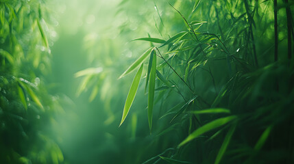 A bamboo forest in Arashiyama, Kyoto, with towering green stalks creating a serene pathway as the background, during a quiet misty morning