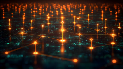 Fototapeta premium Abstract Futuristic Cityscape Network: Glowing Orange and Teal Digital Connections