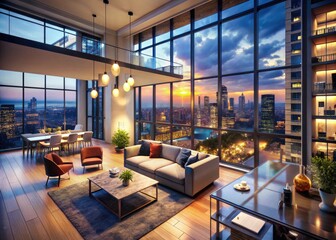 Sun-drenched loft, panoramic city views, stylish interior design.