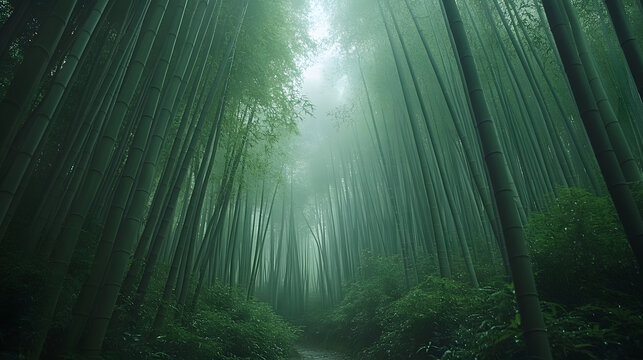 A bamboo forest in Arashiyama, Kyoto, with towering green stalks creating a serene pathway as the background, during a quiet misty morning