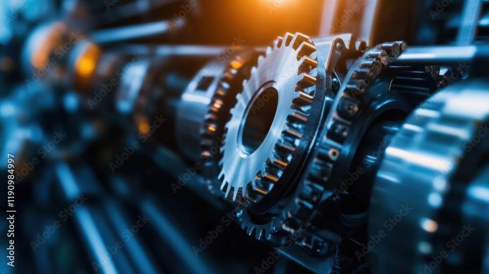 Poster close up of interlocking gears rotating smoothly, showcasing precision engineering and the power of 