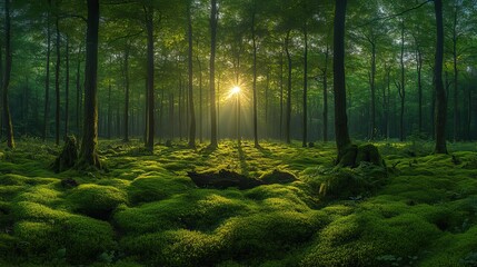 Fototapeta premium Sunlight filters through the trees, lighting up the mossy forest floor with old trunks and thick underbrush in a panoramic view