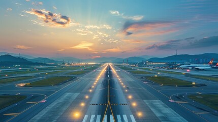 Obraz premium Scenic airport runway at sunset with vibrant colors and lights illuminating the path.