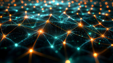 Abstract glowing network connection, digital data communication, technology background. Futuristic design, nodes and lines illustration.