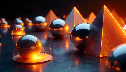 Chrome Spheres and Glowing Pyramids An Abstract, Fiery Artwork