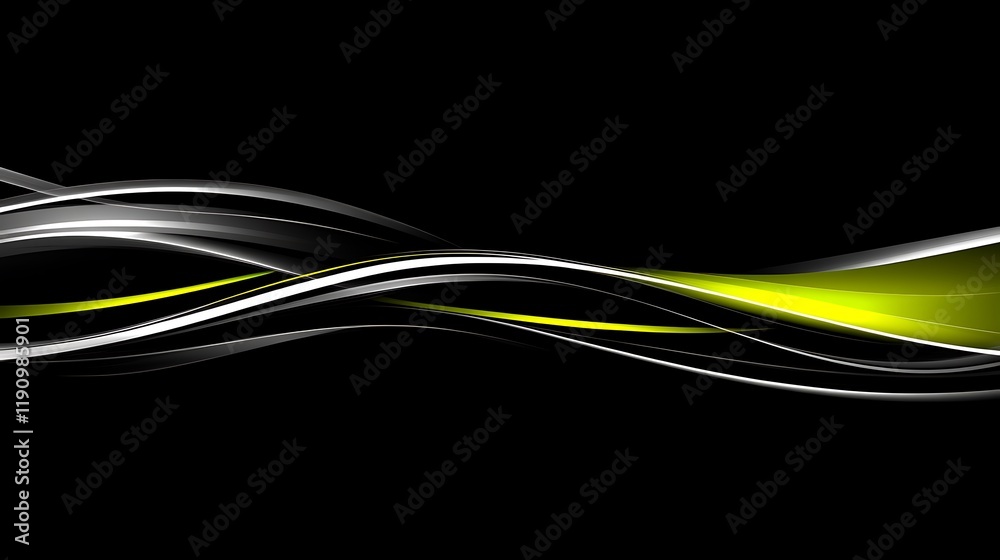 Poster abstract green and white flowing waves on black background for modern design