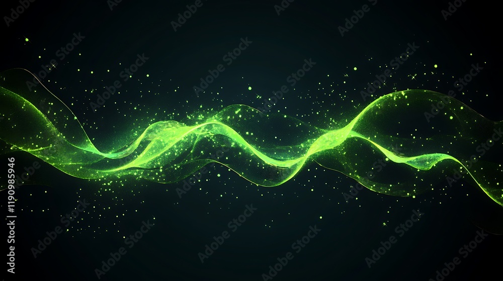Poster glowing green wave with particles on dark background for digital art