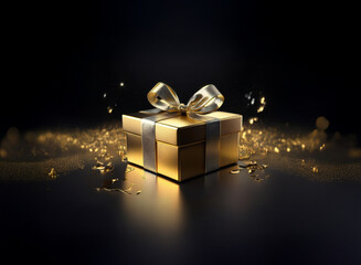 A gold gift box with a silver ribbon sits on a dark surface, surrounded by glittering particles.  A sense of luxury and celebration is evoked.