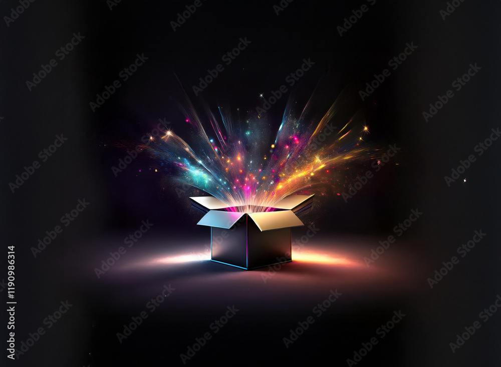 Poster a dark box sits open, emitting a vibrant burst of colorful light and sparkles, symbolizing surprise 