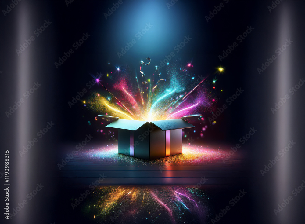 Poster a metallic gift box sits open, emitting a vibrant burst of colorful light and sparkling particles, c
