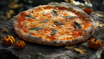 A delicious pizza with a pumpkin and sage topping, resting on a rock with a few miniature pumpkins scattered around.
