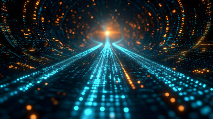 Obraz premium Abstract glowing tunnel with digital particles and energy flow. Futuristic data stream background with bright blue and orange colors