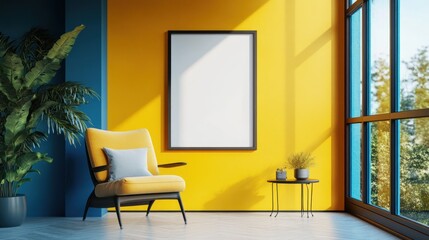Fototapeta premium Modern Living Room Interior Design with Yellow and Blue Walls, Armchair, and Blank Frame Mockup